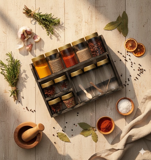 Wooden Spice Rack With Bottles