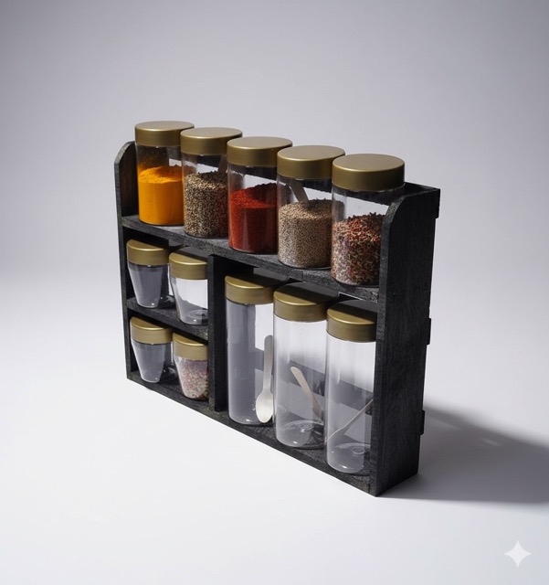 Wooden Spice Rack With Bottles