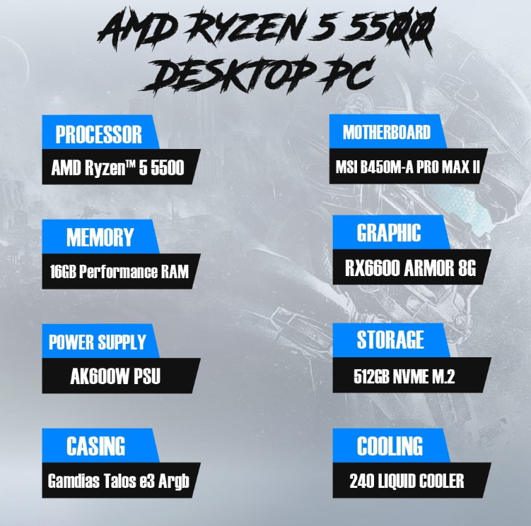 AMD Ryzen™ 5 5500 – 16GB (RAM)– 512GB SSD NVME M.2 GAMDIAS TALOS E3 ARBG
