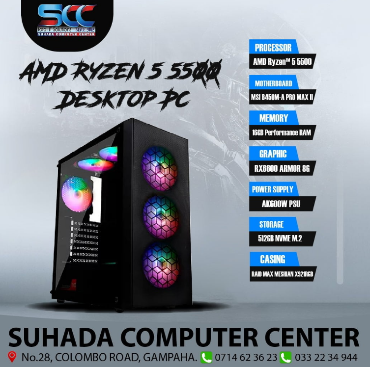 AMD Ryzen™ 5 5500 (RAM) – 16GB SSD – 512GB NVME M.2 RAID MAX MESHIAN X921 RGB