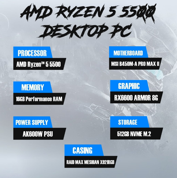 AMD Ryzen™ 5 5500 (RAM) – 16GB SSD – 512GB NVME M.2 RAID MAX MESHIAN X921 RGB