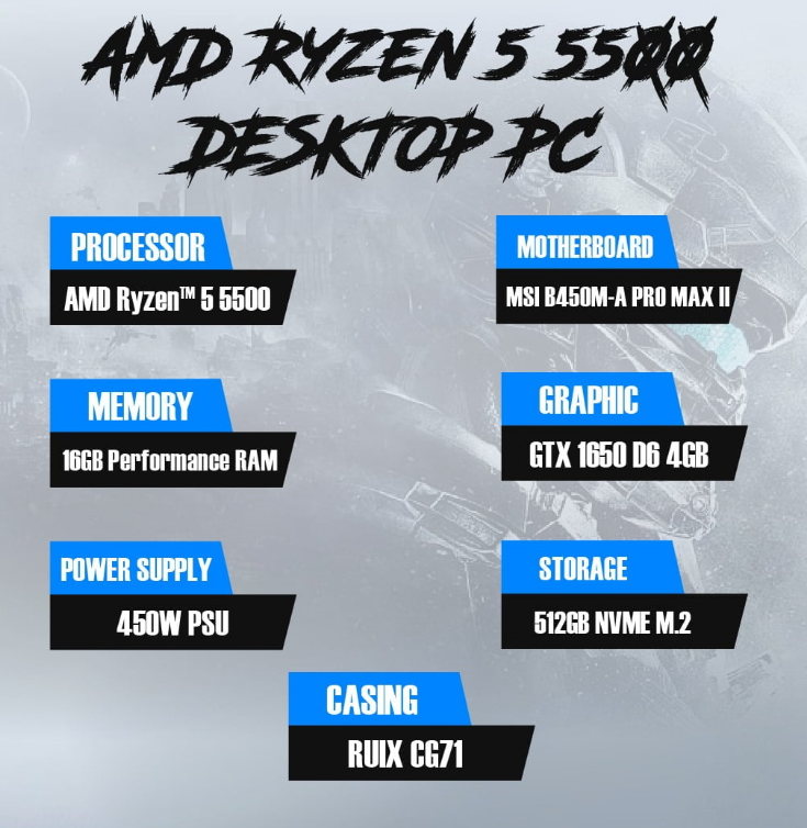 AMD Ryzen™ 5 5500 16GB RAM 512GB NVME M.2 -NVME CASING RUIX CG71 DESKTOP PC