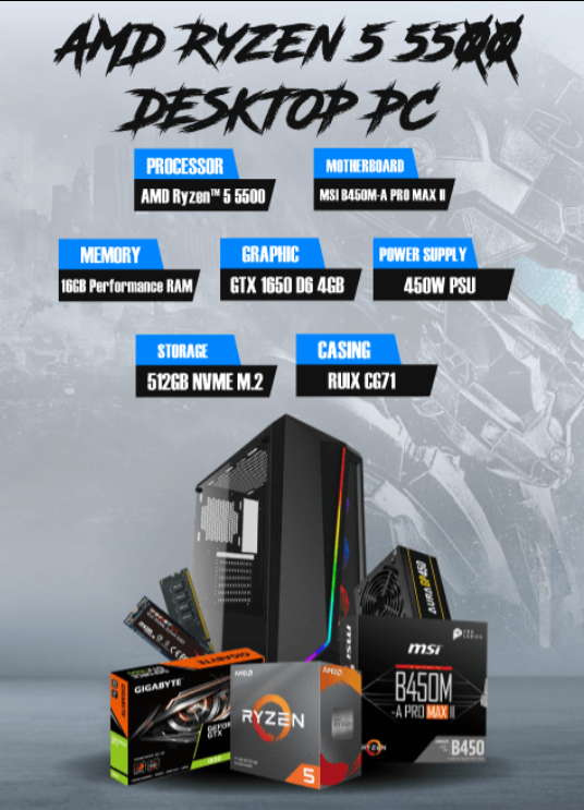 AMD Ryzen™ 5 5500 16GB RAM 512GB NVME M.2 -NVME CASING RUIX CG71 DESKTOP PC