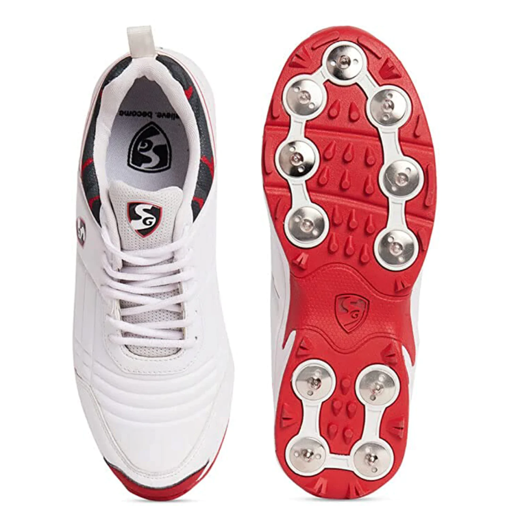 SG Savage Spikes 1.0 Cricket Shoe, White/Red/Grey