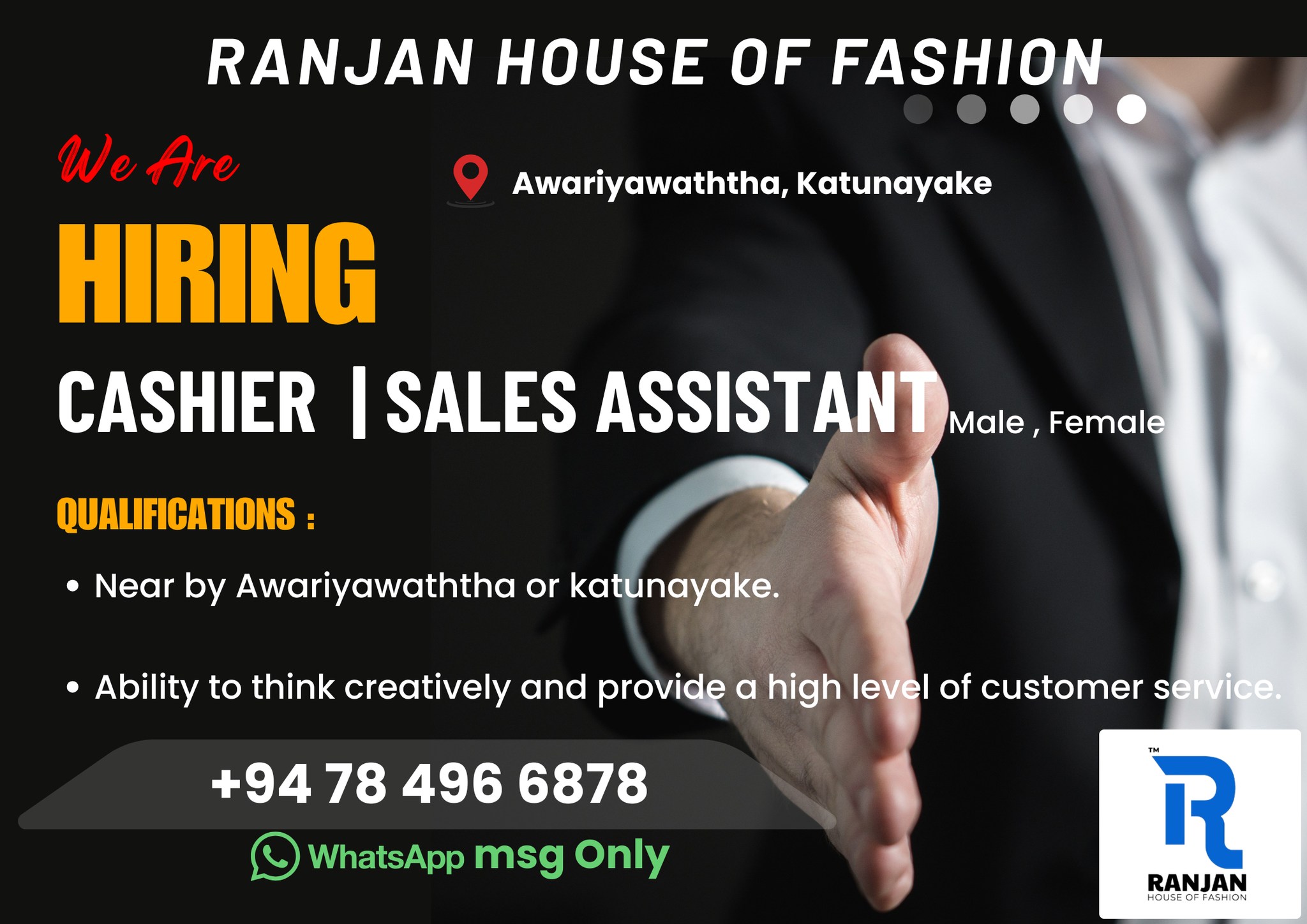 Ranjan House of Fashion | Katunayaka – CASHIER | SALES ASSISTANT