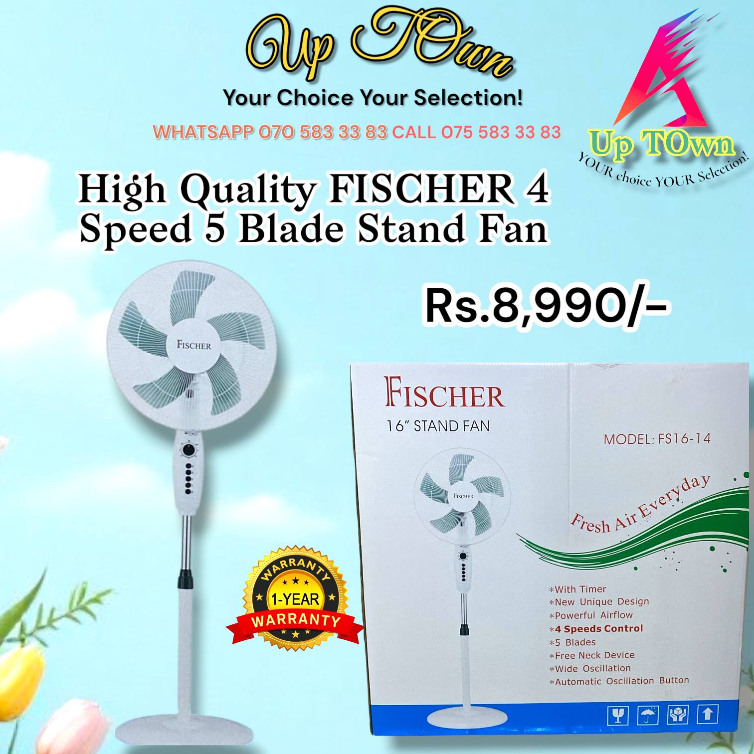 High Quality  Fischer 4 speed 5 blade Stand Fan