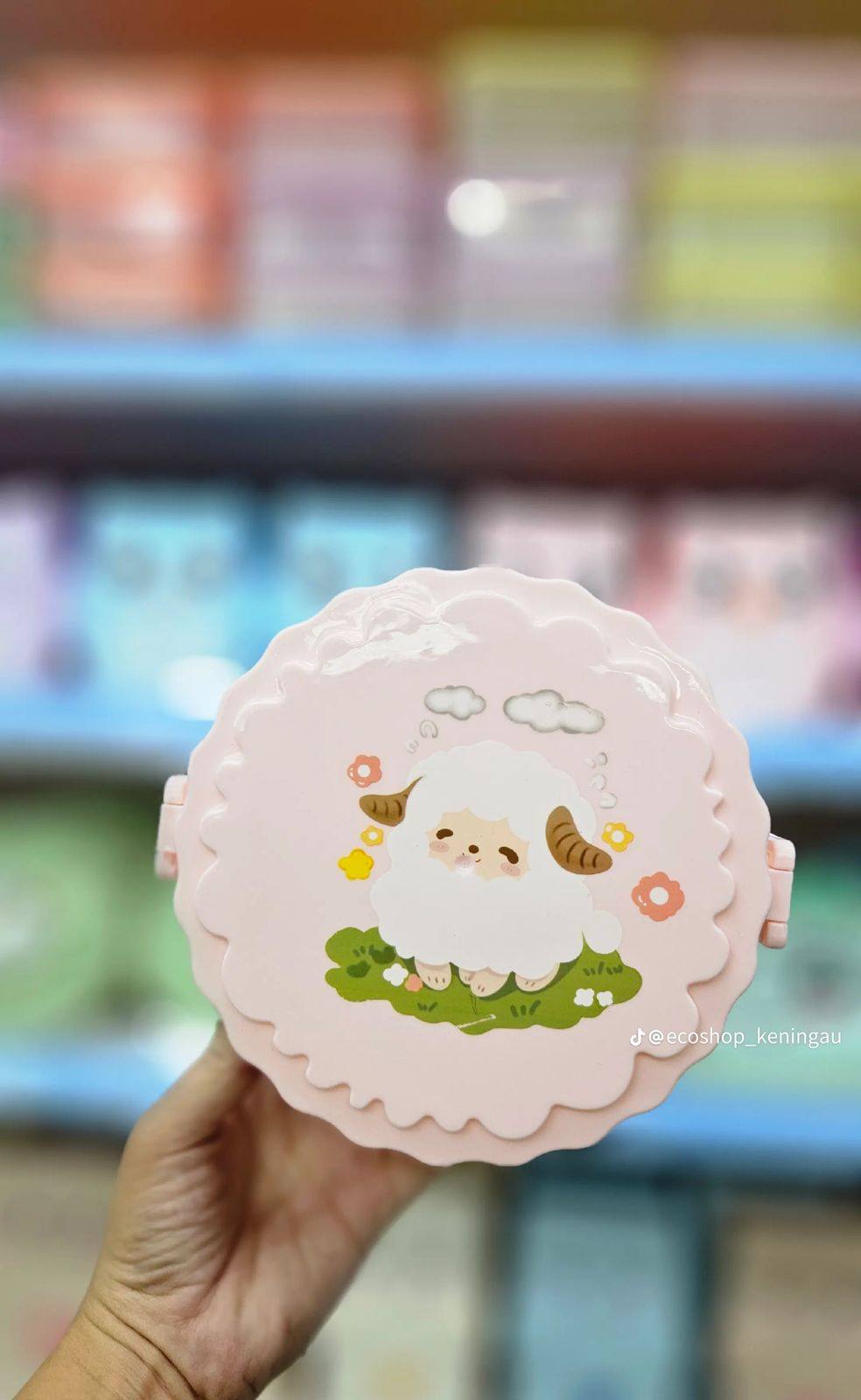 cartoon-themed reusable cute sheep design in pink and green lunch Box