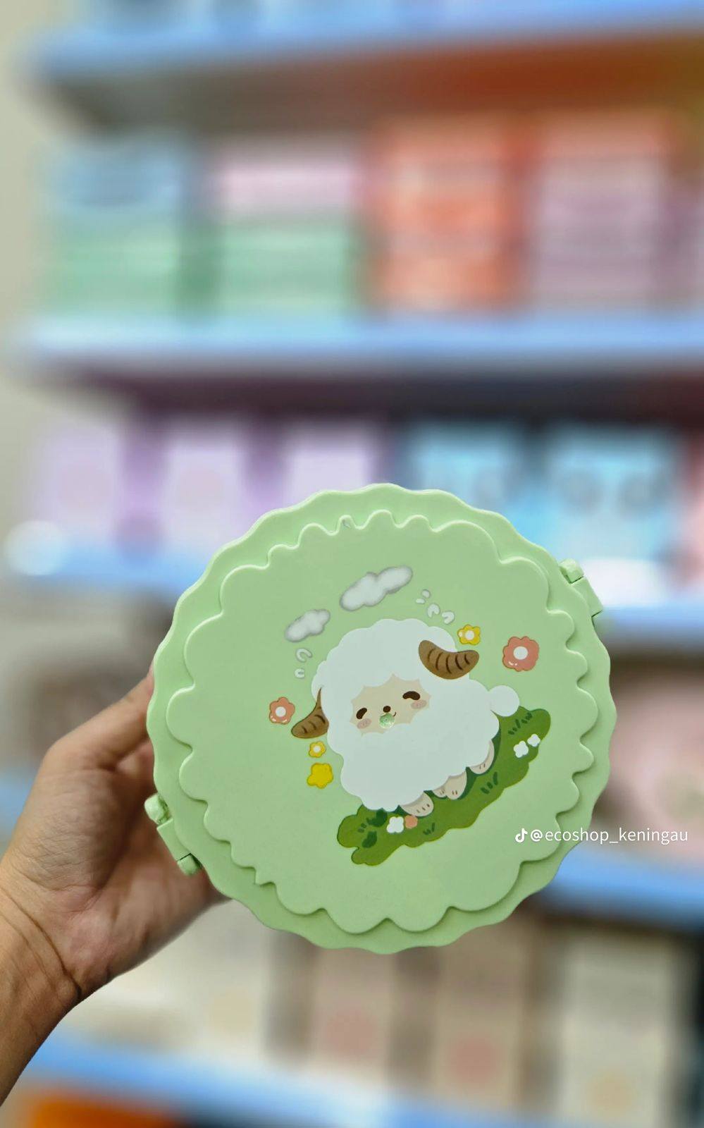 cartoon-themed reusable cute sheep design in pink and green lunch Box