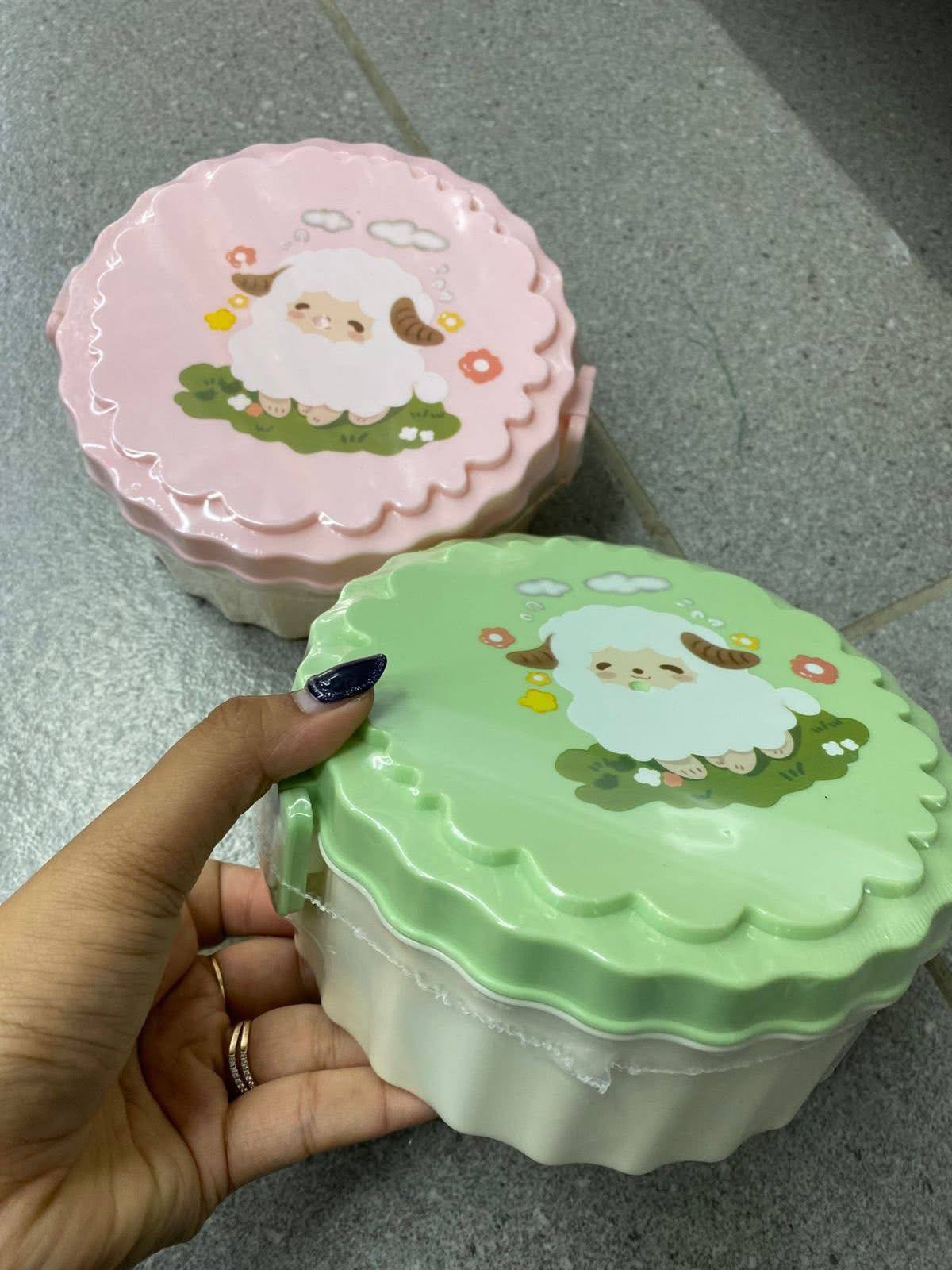 cartoon-themed reusable cute sheep design in pink and green lunch Box