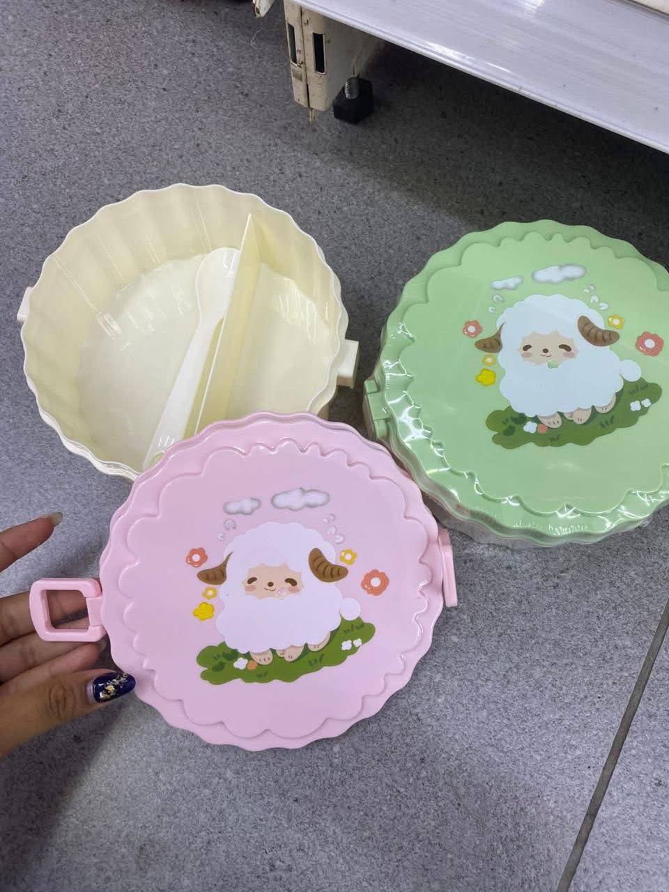cartoon-themed reusable cute sheep design in pink and green lunch Box