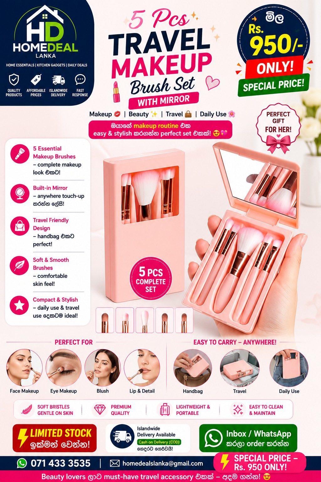 5 Pcs Travel Makeup Brush Set With Mirror