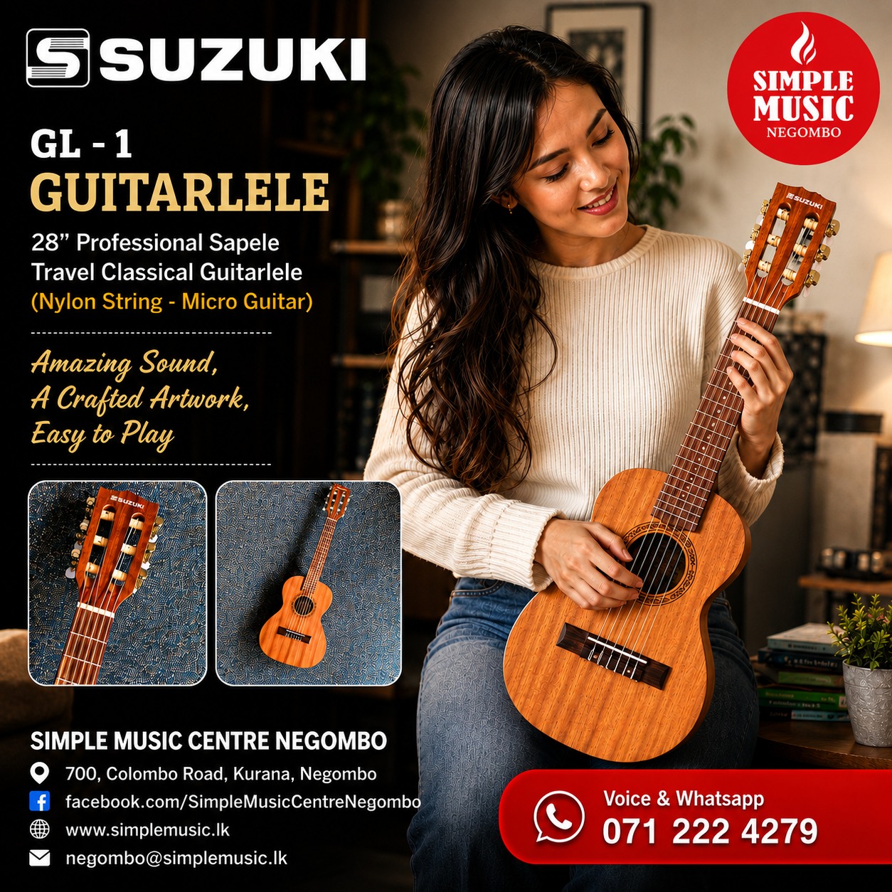 SUZUKI GL1 28” Professional Sapele Travel Classical Guitarlele 28” (Nylon String – Micro Guitar),