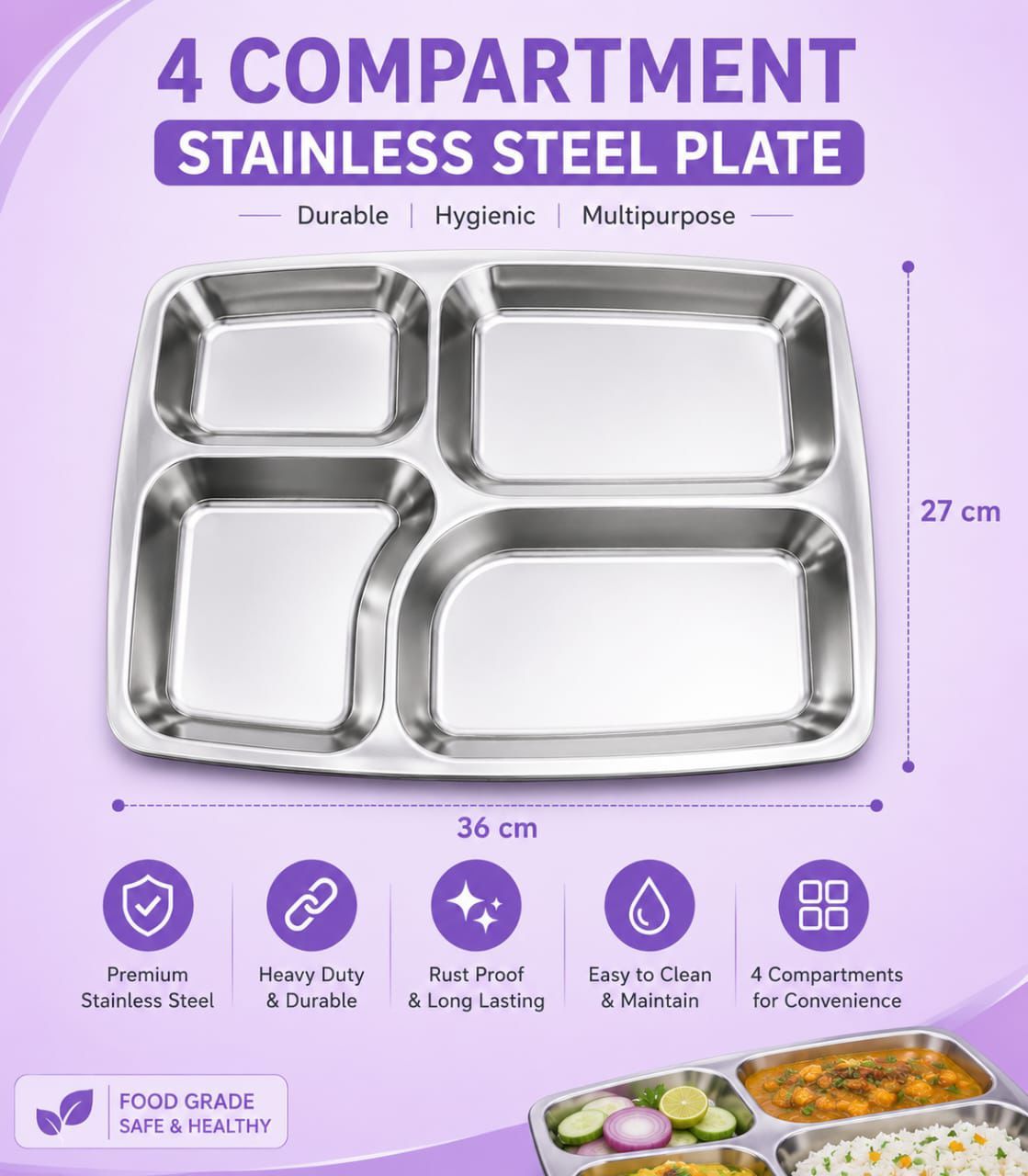 Four Compartment Stainless steel plate