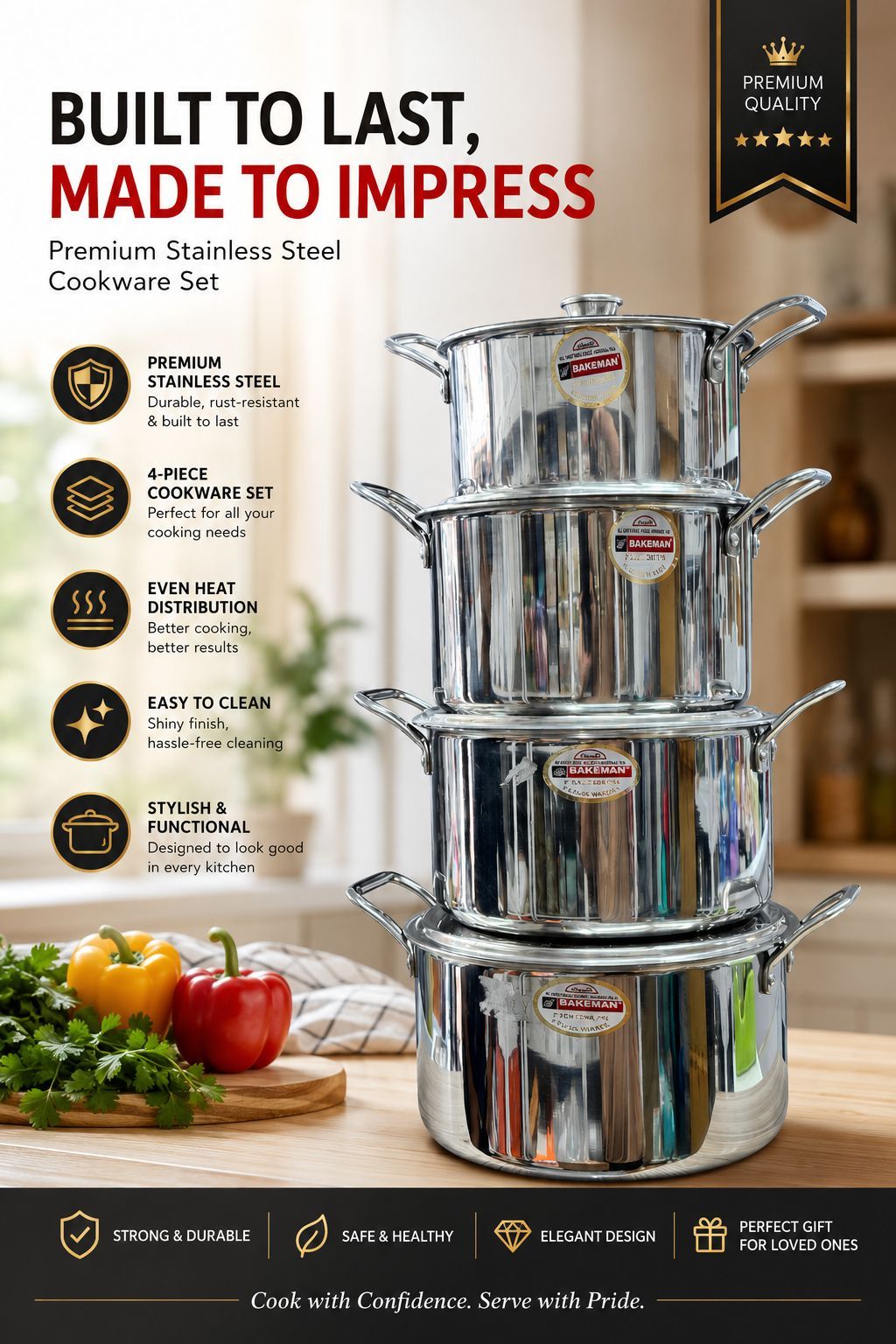 Bakeman Triply Premium Stainless Steel Casserole