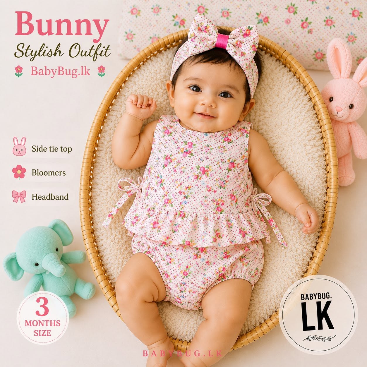 Pure Cotton Cute side tie knot frock + Bunny Headband + Baby Bloomer Full Set