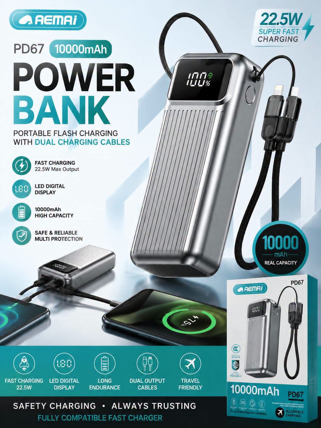 EMAI brand 10000mAh capacity Fast charging Portable flash charging power bank with dual charging cables