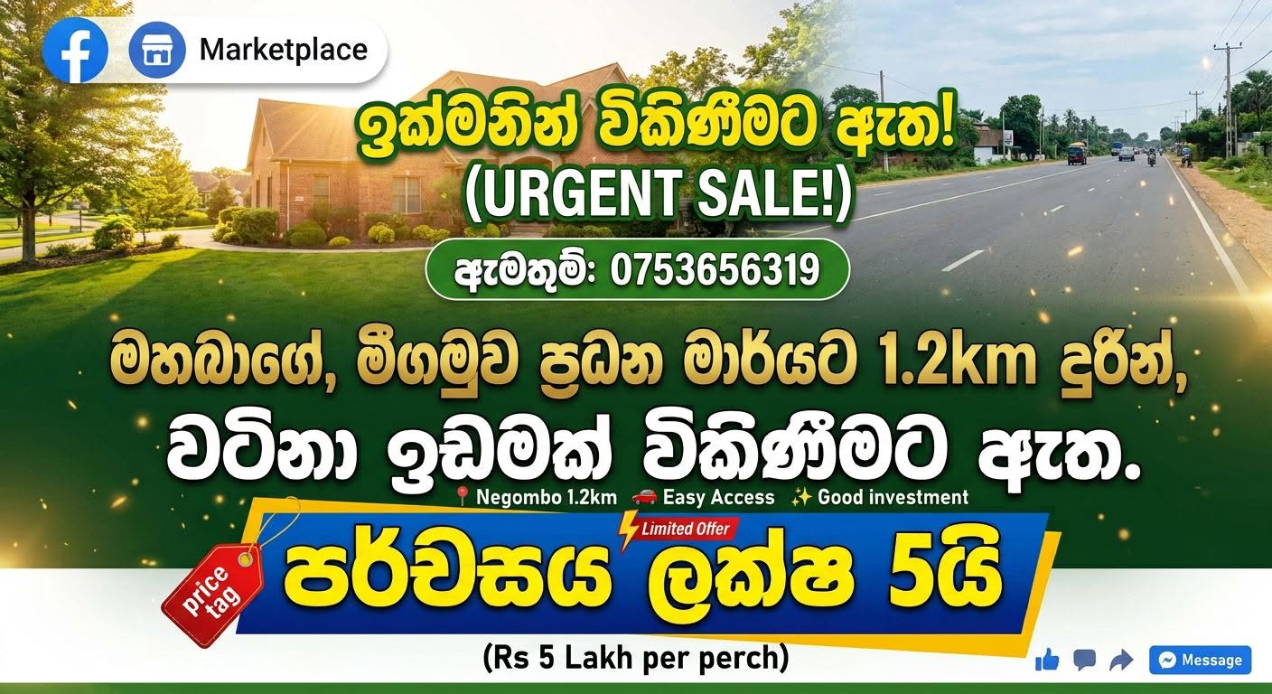 මීගමුවට ආසන්නයෙන් වටිනා ඉඩමක් ඉක්මනින් විකිණීමට!