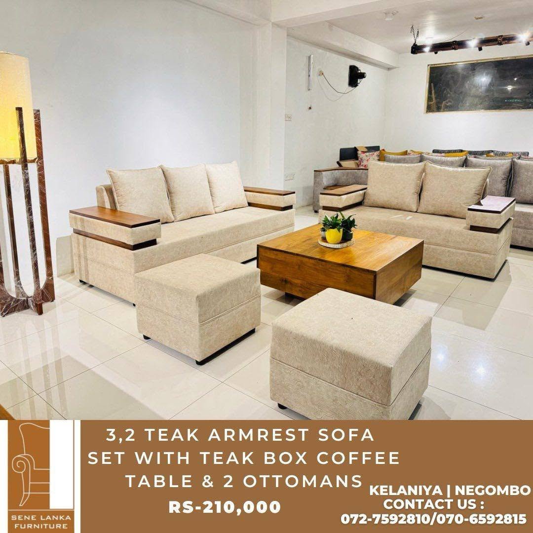 3,2 Teak Armrest Sofa Set with Teak Box Coffee Table & 2 Ottomans.