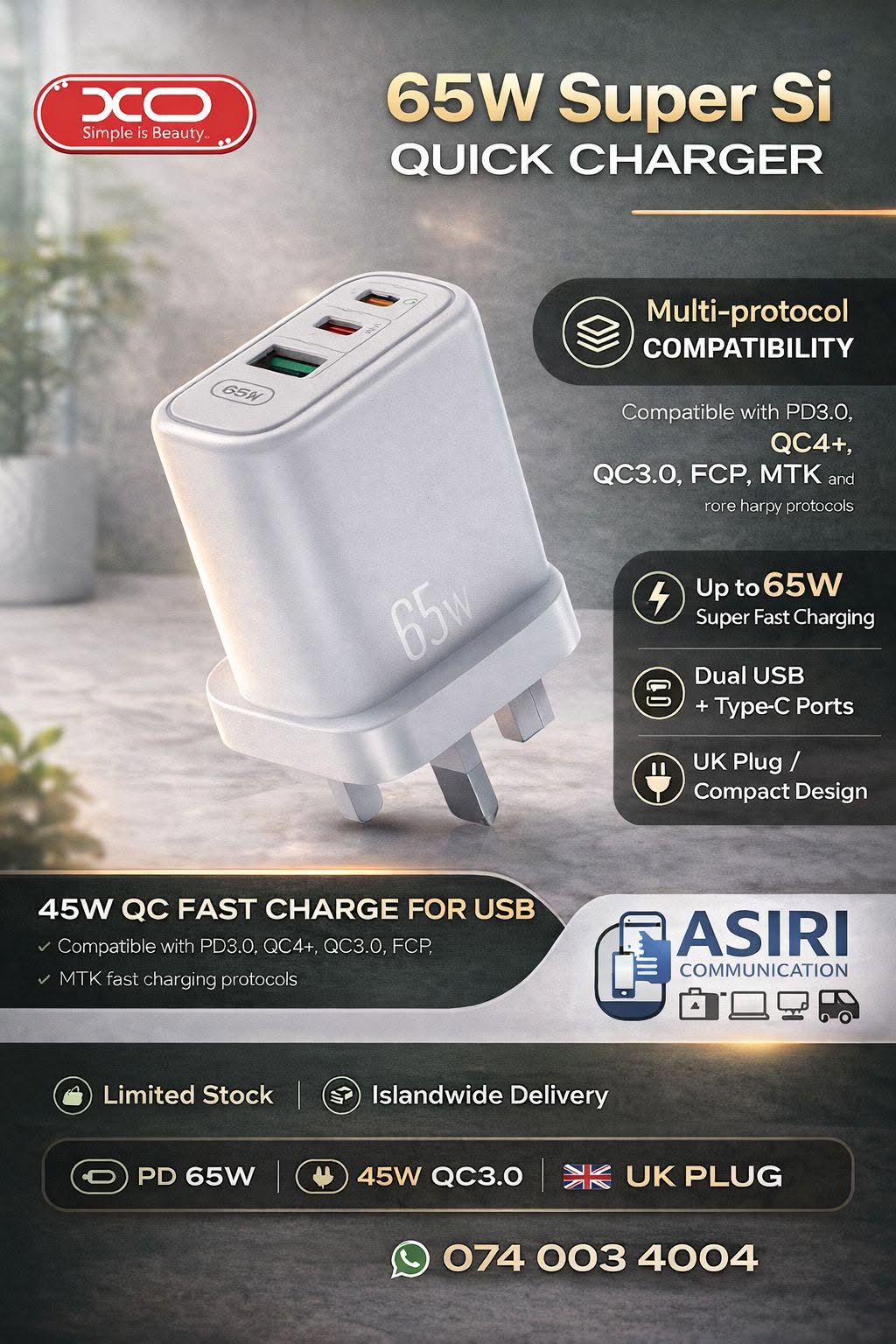 XO 65W Super Si Quick Charge