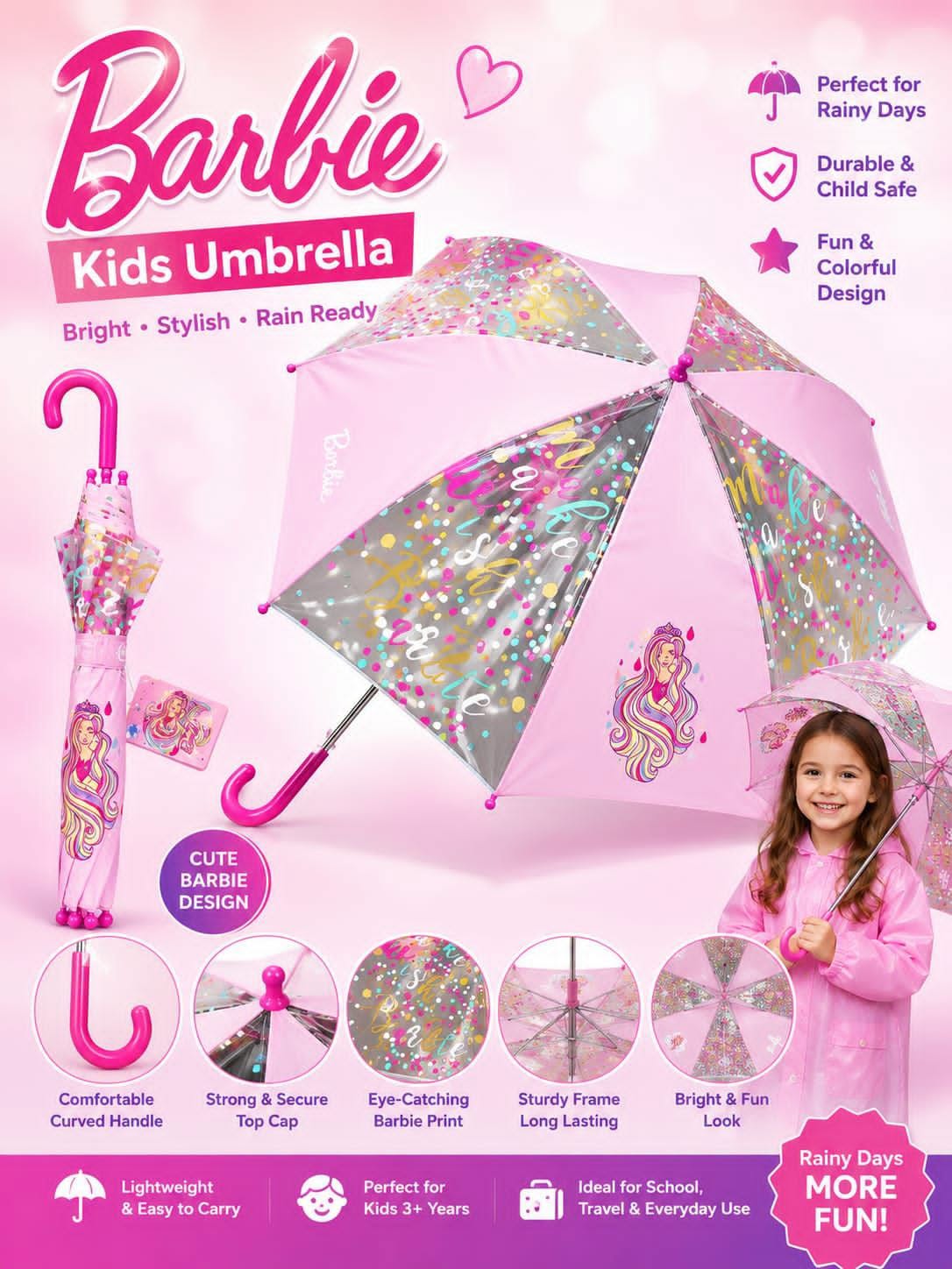 Pink colour Barbie kids umbrella