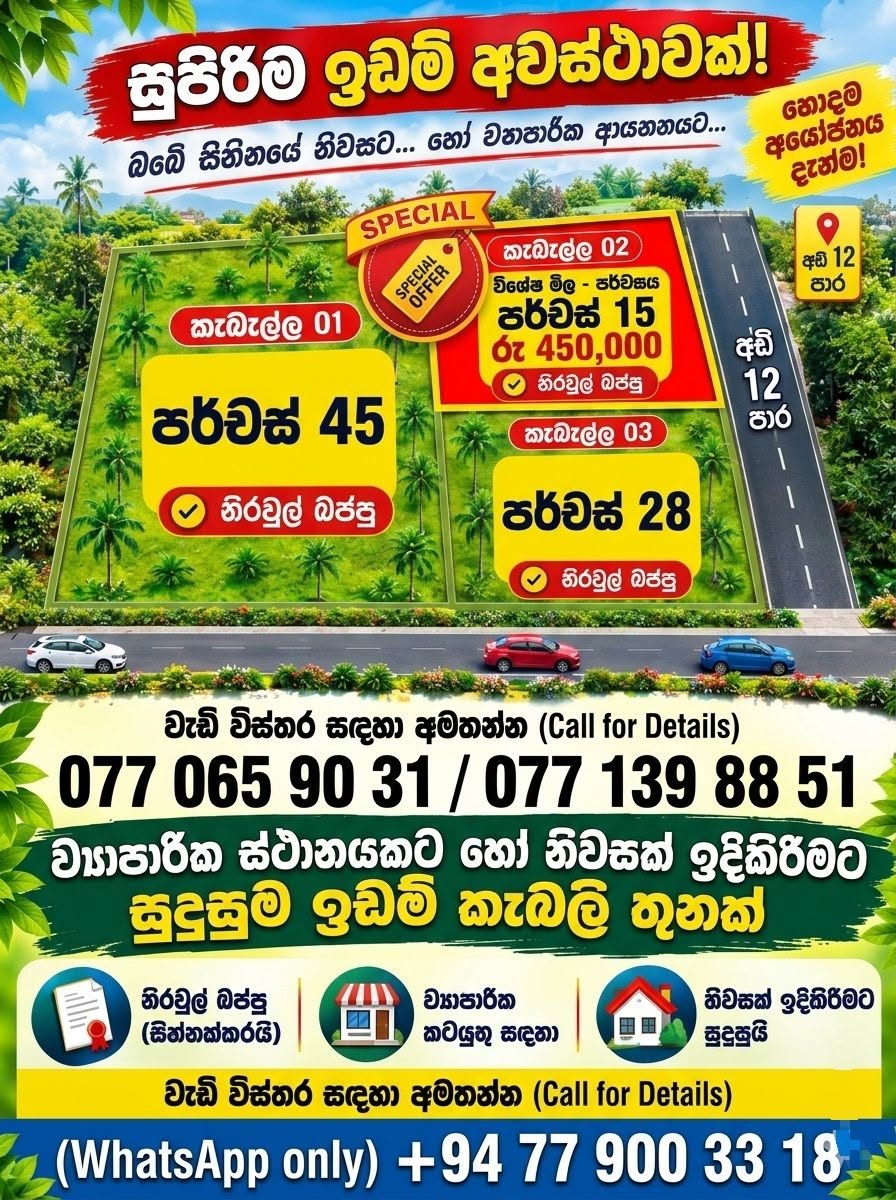 මාදම්පේ – දුම්මලසූරිය ප්‍රධාන පාරට මුහුණලා ගල්මුරුව ප්‍රදේශයේ පිහිටි, මුළු ඉඩම ම ( පර්චස් 88 ) හෝ පර්චස් 45, පර්චස් 28, පර්චස් 15 ලෙස කොටස් 03 ලෙසද ඔබට ලබාගත හැක.