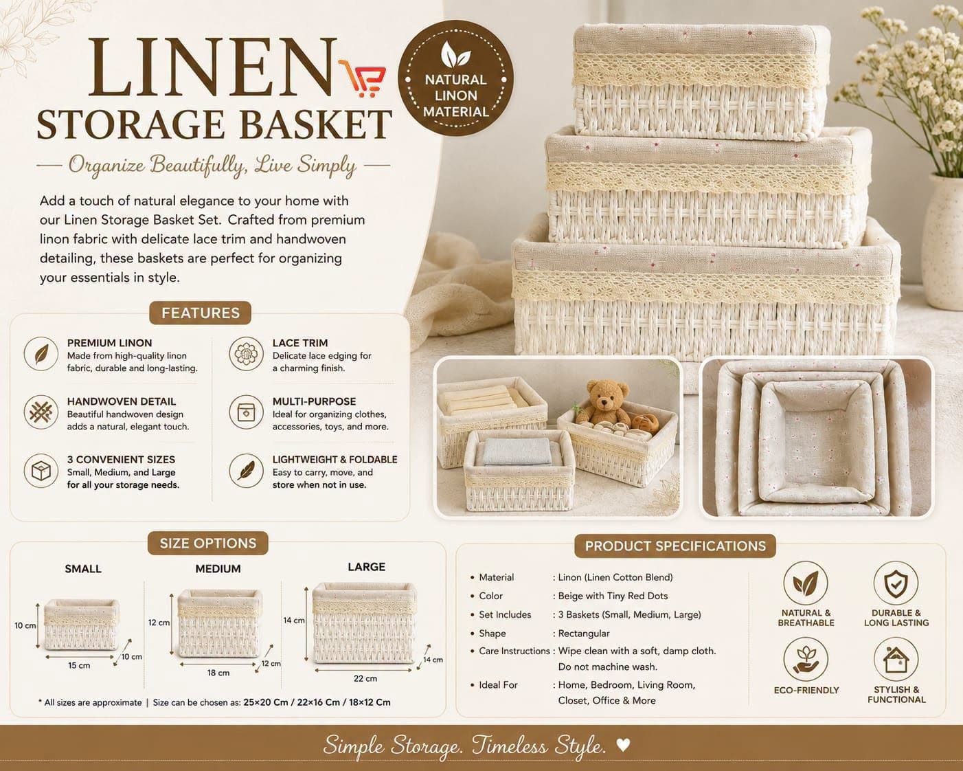 3pcs Linen Storage Baskets