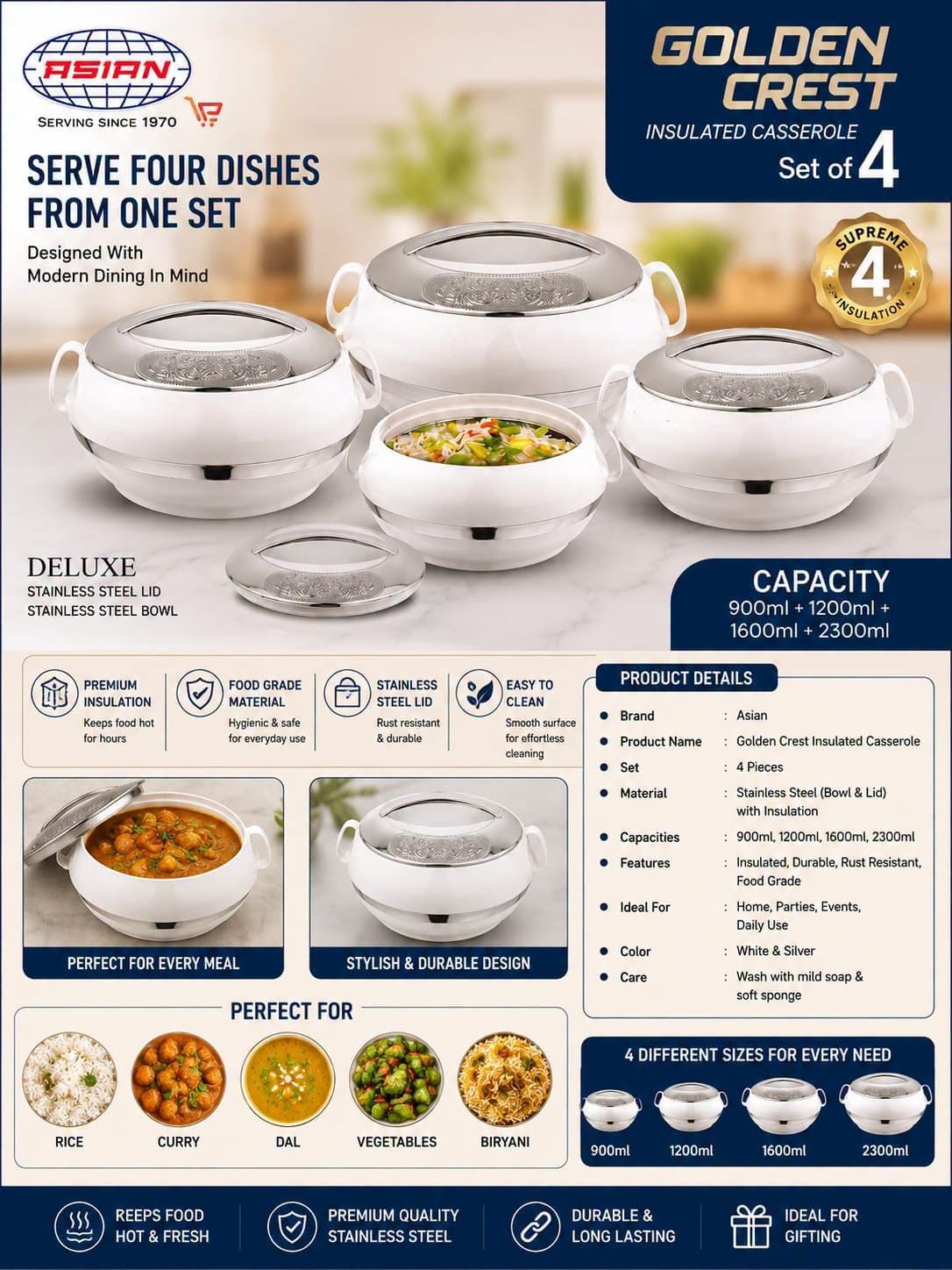 4pcs Food Warmer Set Golden Crest