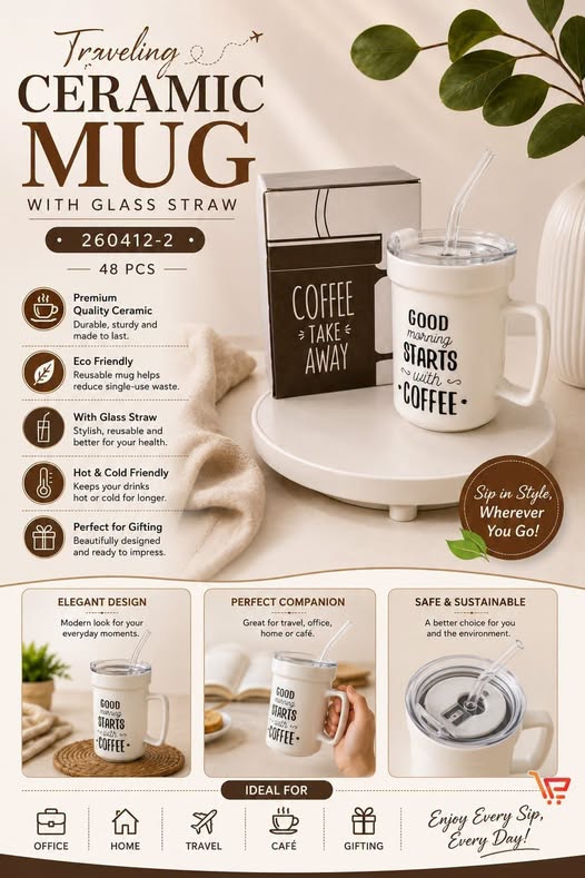 Ceramic Travel Mug with Lid and straw