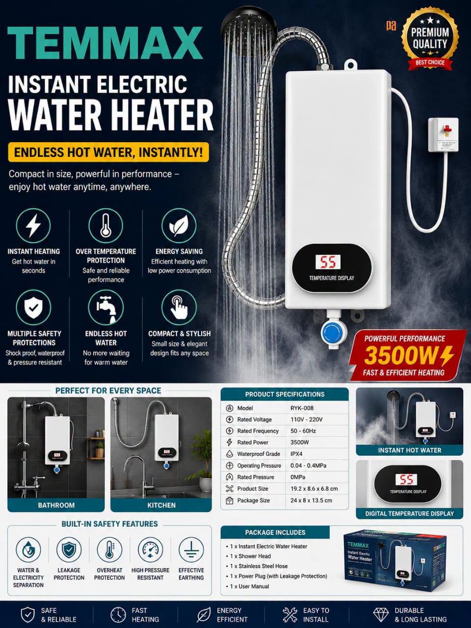 TEMMAX brand Kitchen and Bathroom Instant Electric Water Heater 220v